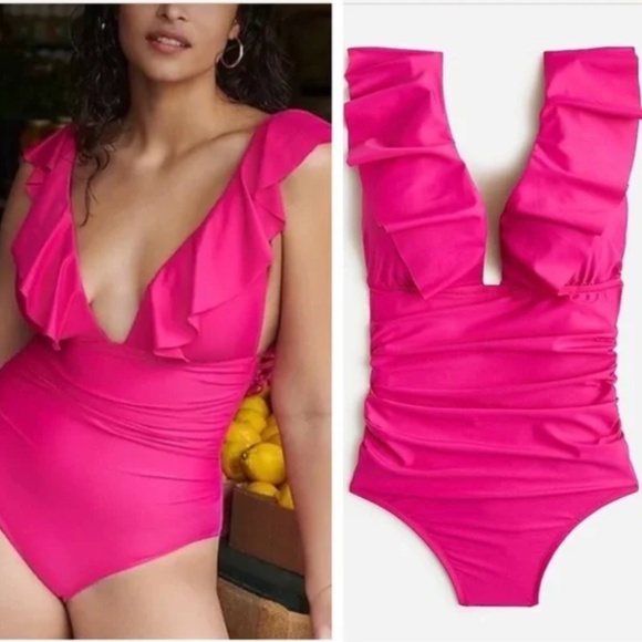 NWT J Crew Ruched Ruffle One Piece Swim in Pink - Picture 1 of 6